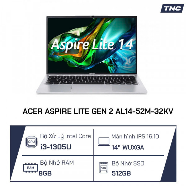 Laptop Acer Aspire Lite Gen 2 AL14-52M-32KV Core i3-1305U/ 8GB/ 256GB/ 14.0 Inch WUXGA/ Win 11/ Xám